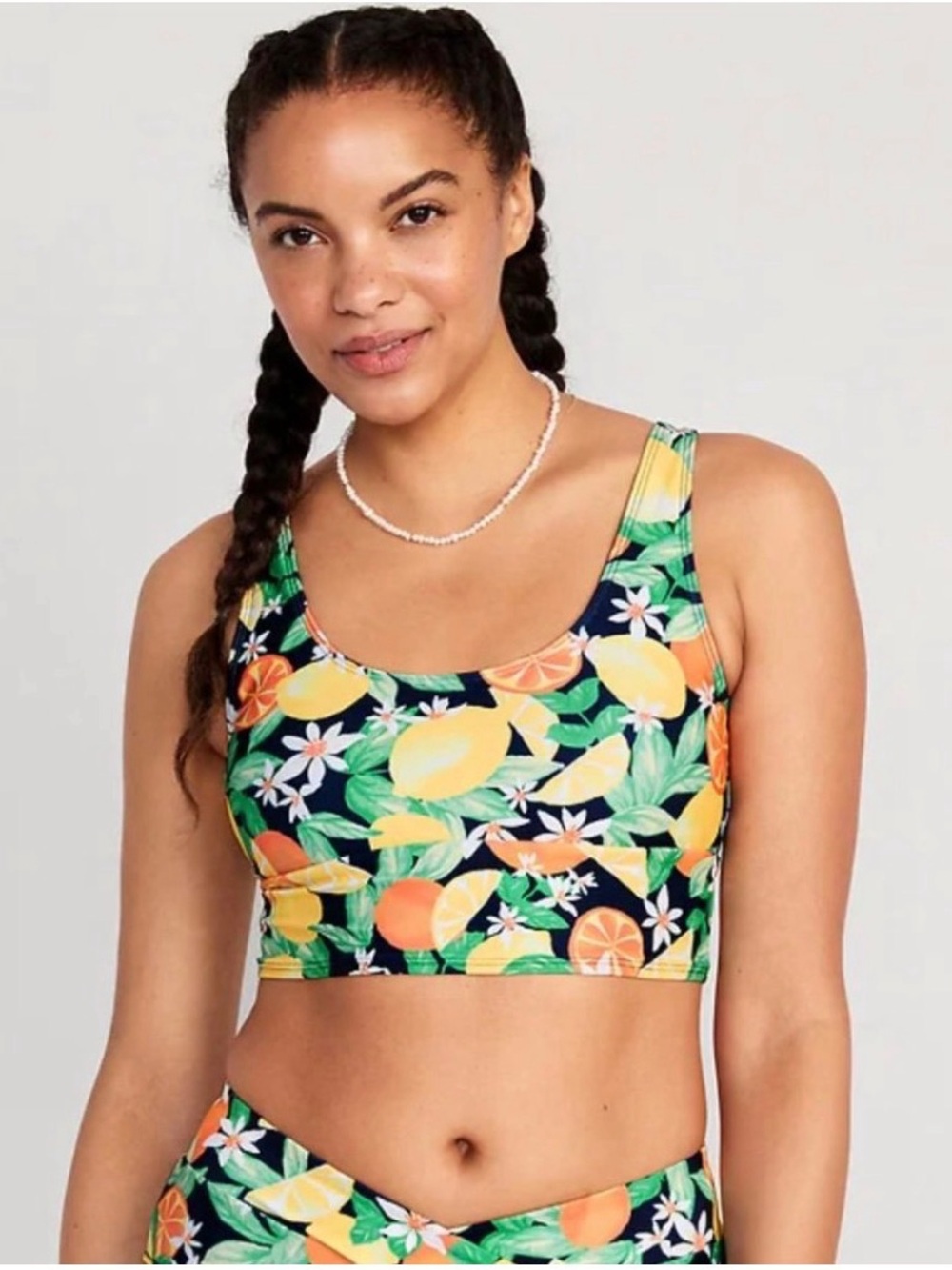 Tropical Citrus Print Crop Tank Top - Navy, Yellow, Green, Orange